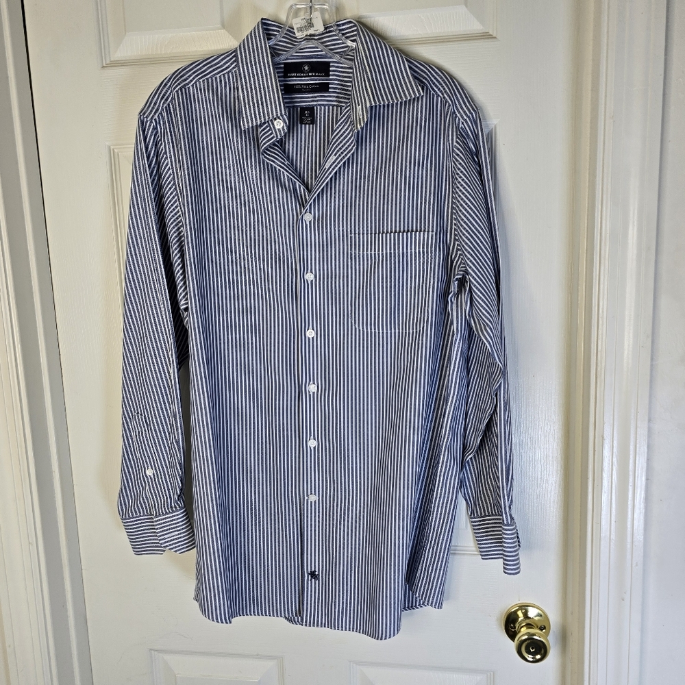 Men's Hart Shaffner Marx Blue Striped  Button‎ Down Long Sleeve Shirt. 15.5/33
